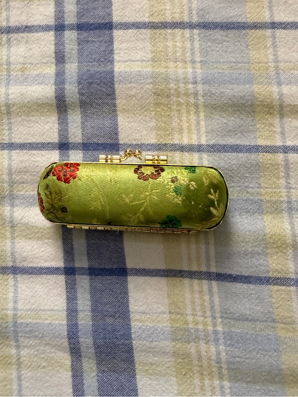 Elegant Green Floral Satin Clutch Purse - Gold Frame